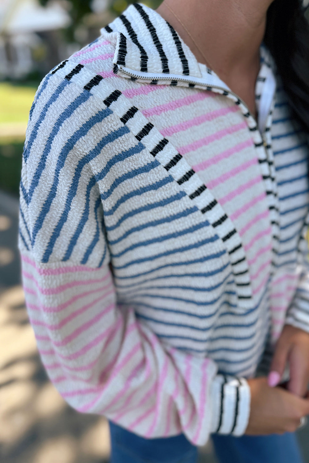 Multicolour Striped Color Block Patchwork Half Zip Drop Shoulder Long Sleeve Top-Tops/Long Sleeve Tops-[Adult]-[Female]-2022 Online Blue Zone Planet