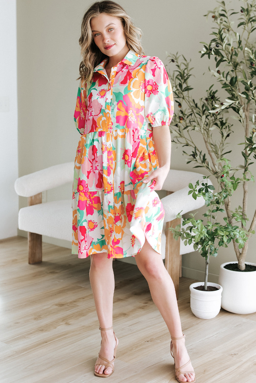 Blue Zone Planet | Green Floral Puff Sleeve Collar Buttoned Babydoll Dress-TOPS / DRESSES-[Adult]-[Female]-2022 Online Blue Zone Planet