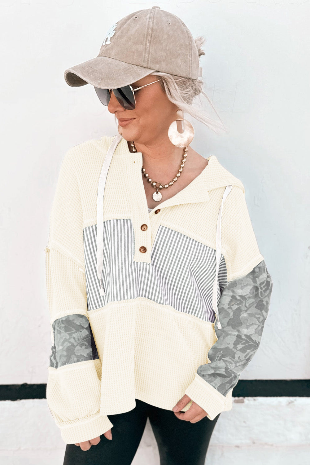 White Waffle Printed Patchwork Drawstring Hooded Long Sleeve Top-Tops/Long Sleeve Tops-[Adult]-[Female]-2022 Online Blue Zone Planet