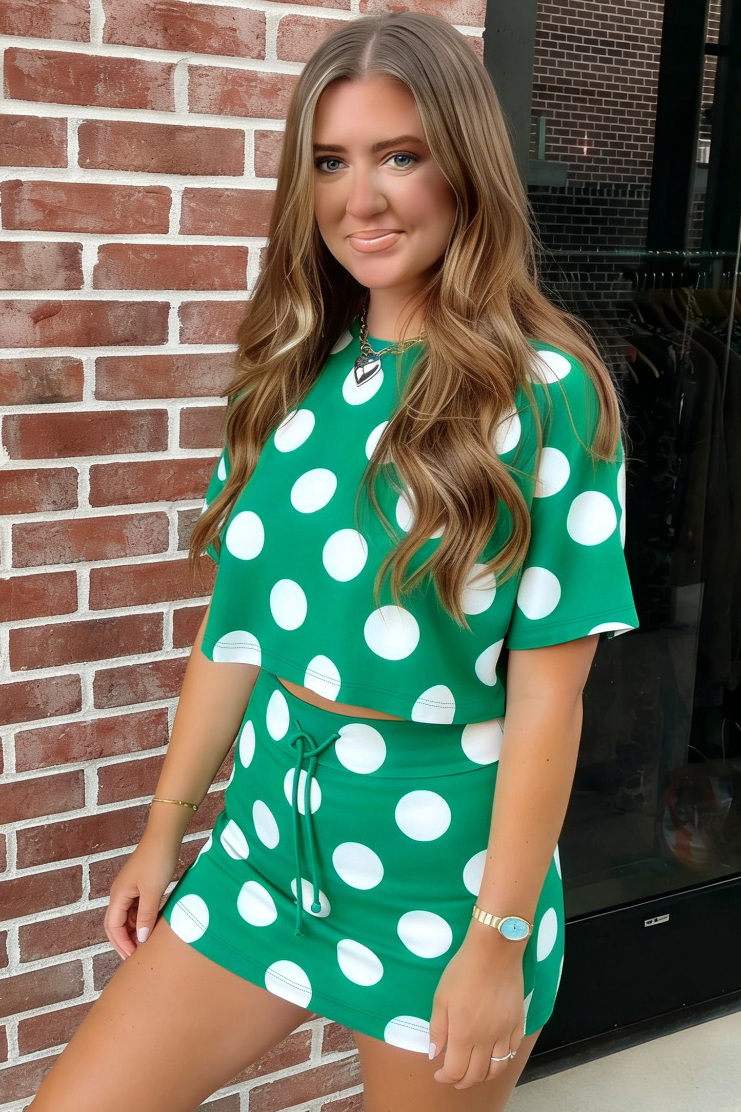 Green Polka Dot Print Cropped Tee Bodycon Skort 2pcs Set-Two Piece Sets/Two Piece Dresses-[Adult]-[Female]-2022 Online Blue Zone Planet