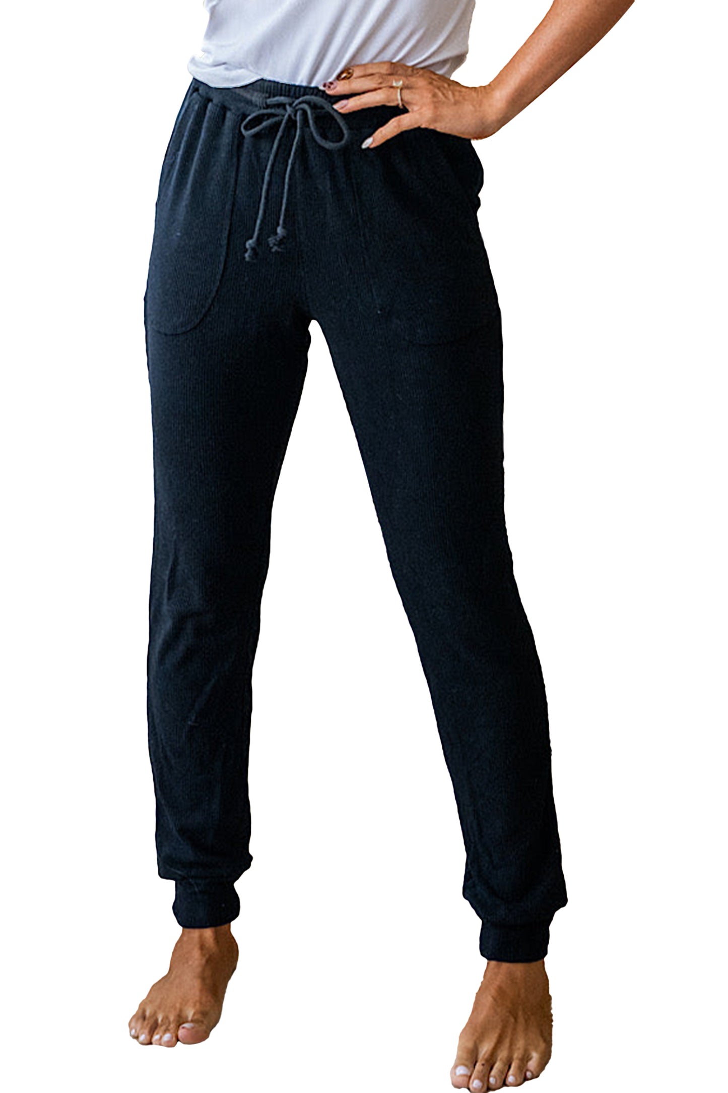 Black Ribbed Drawstring Active Jogger Pants-Tops / Dresses-[Adult]-[Female]-2022 Online Blue Zone Planet