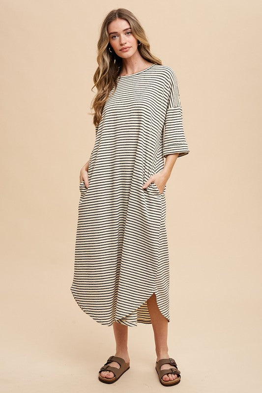 Annie Wear Striped Round Neck Terry Midi Dress-TOPS / DRESSES-[Adult]-[Female]-Black-S-2022 Online Blue Zone Planet