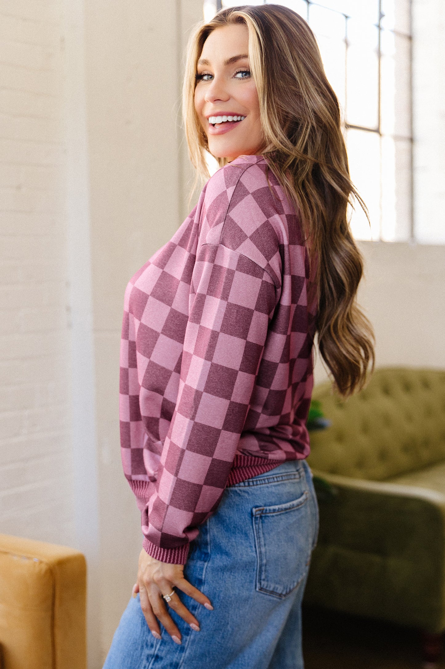 Red Ribbed Trim Checkered Print Long Sleeve Pullover Top