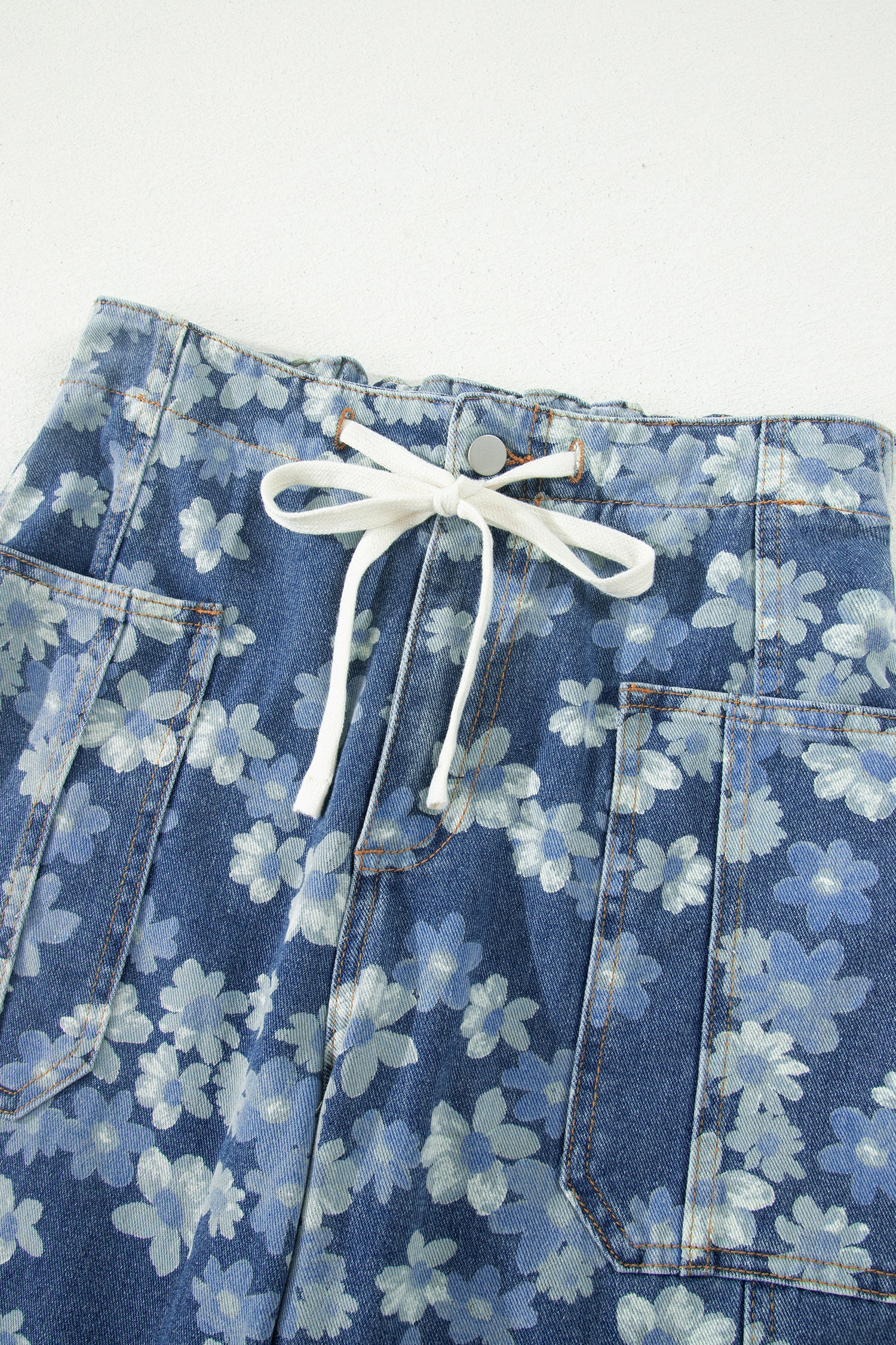 Sky Blue Dainty Floral Printed Drawstring Barrel Jeans-Bottoms/Jeans-[Adult]-[Female]-2022 Online Blue Zone Planet