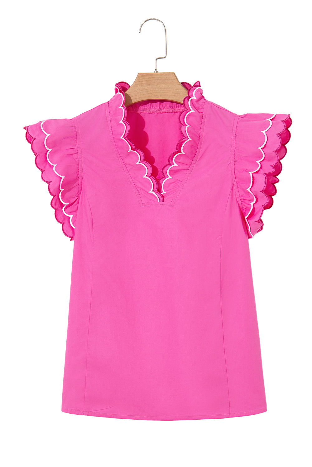Bright Pink Contrast Scallop Trim Layered Short Sleeve V Neck Blouse-Tops/Blouses & Shirts-[Adult]-[Female]-2022 Online Blue Zone Planet