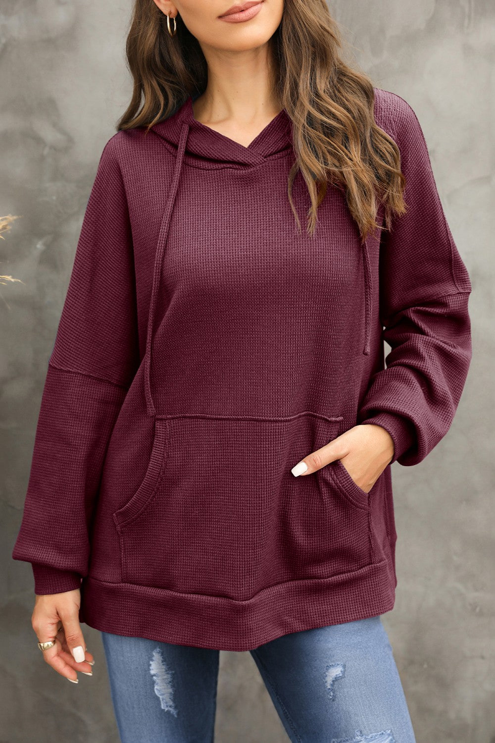 Waffle-Knit Long Sleeve Hoodie-HOODIES-[Adult]-[Female]-Burgundy-S-2022 Online Blue Zone Planet