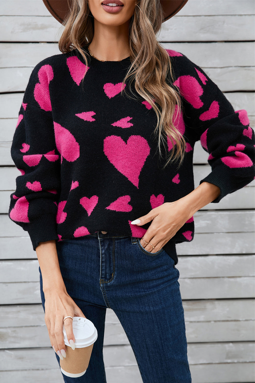 Angel Wings Heart Contrast Round Neck Long Sleeve Sweater-TOPS / DRESSES-[Adult]-[Female]-2022 Online Blue Zone Planet