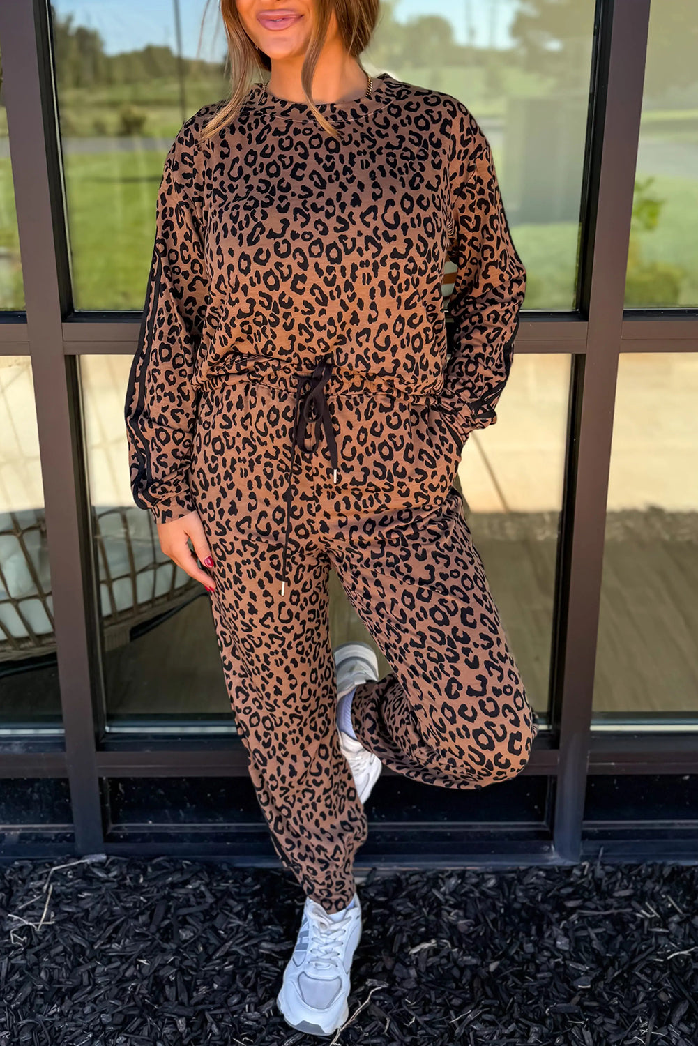 Brown Varsity Striped Trim Leopard Long Sleeve Top Drawstring Pant Set-Two Piece Sets/Pant Sets-[Adult]-[Female]-2022 Online Blue Zone Planet