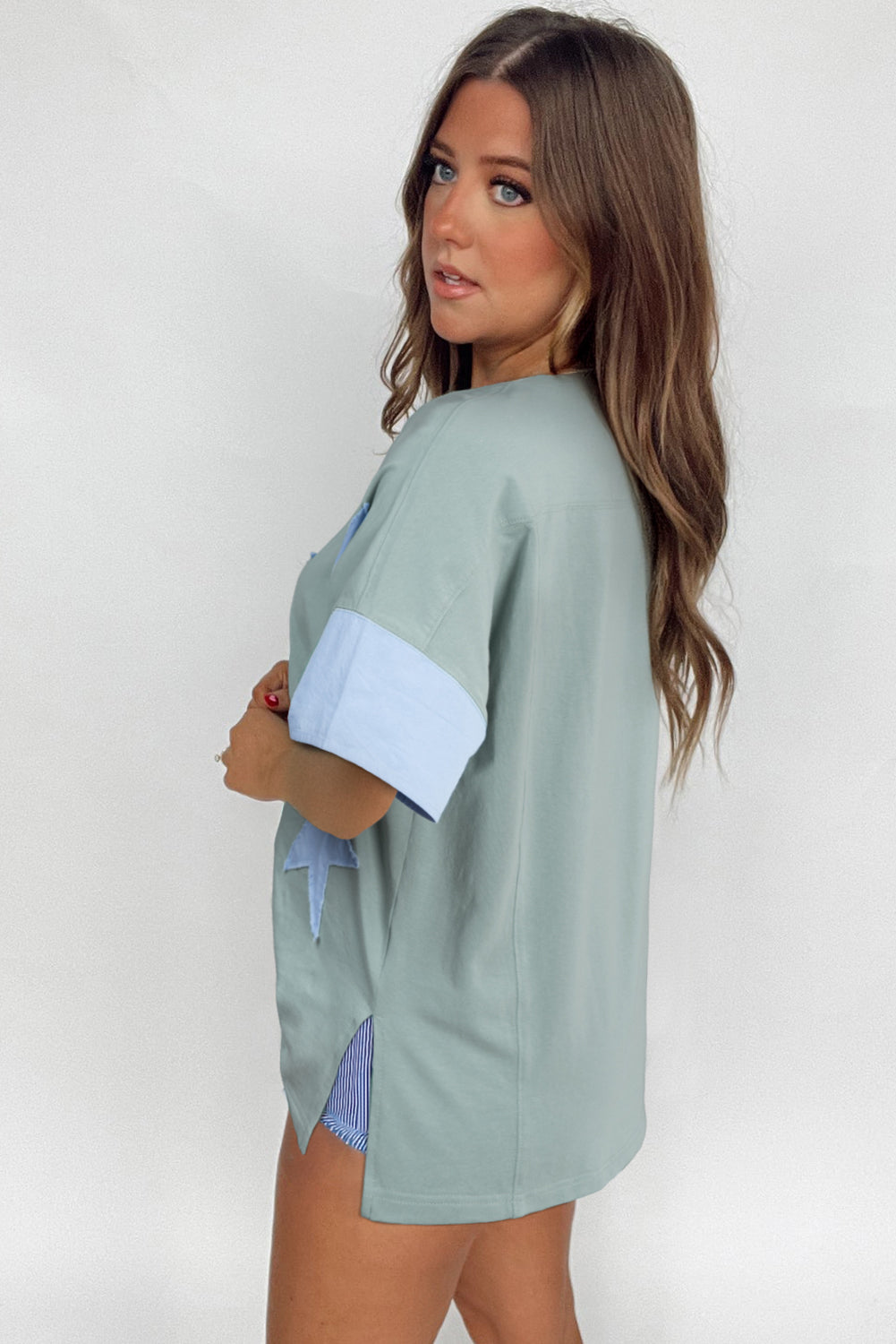 Smoke Green Frayed Denim Star Patched Oversize T Shirt-Tops/Tops & Tees-[Adult]-[Female]-2022 Online Blue Zone Planet