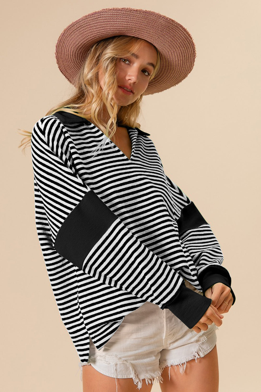 BiBi Striped Contrast Long Sleeve Knit Top-TOPS / DRESSES-[Adult]-[Female]-2022 Online Blue Zone Planet