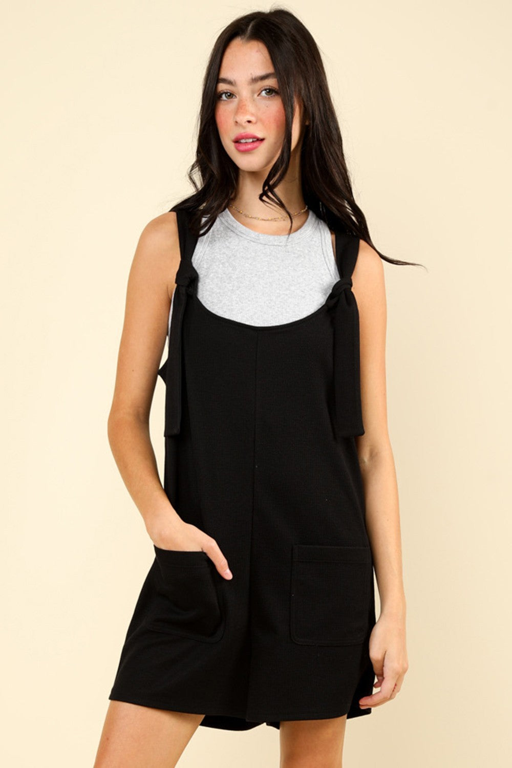 VERY J Tie Shoulder Front Pocket Romper-TOPS / DRESSES-[Adult]-[Female]-Black-S-2022 Online Blue Zone Planet