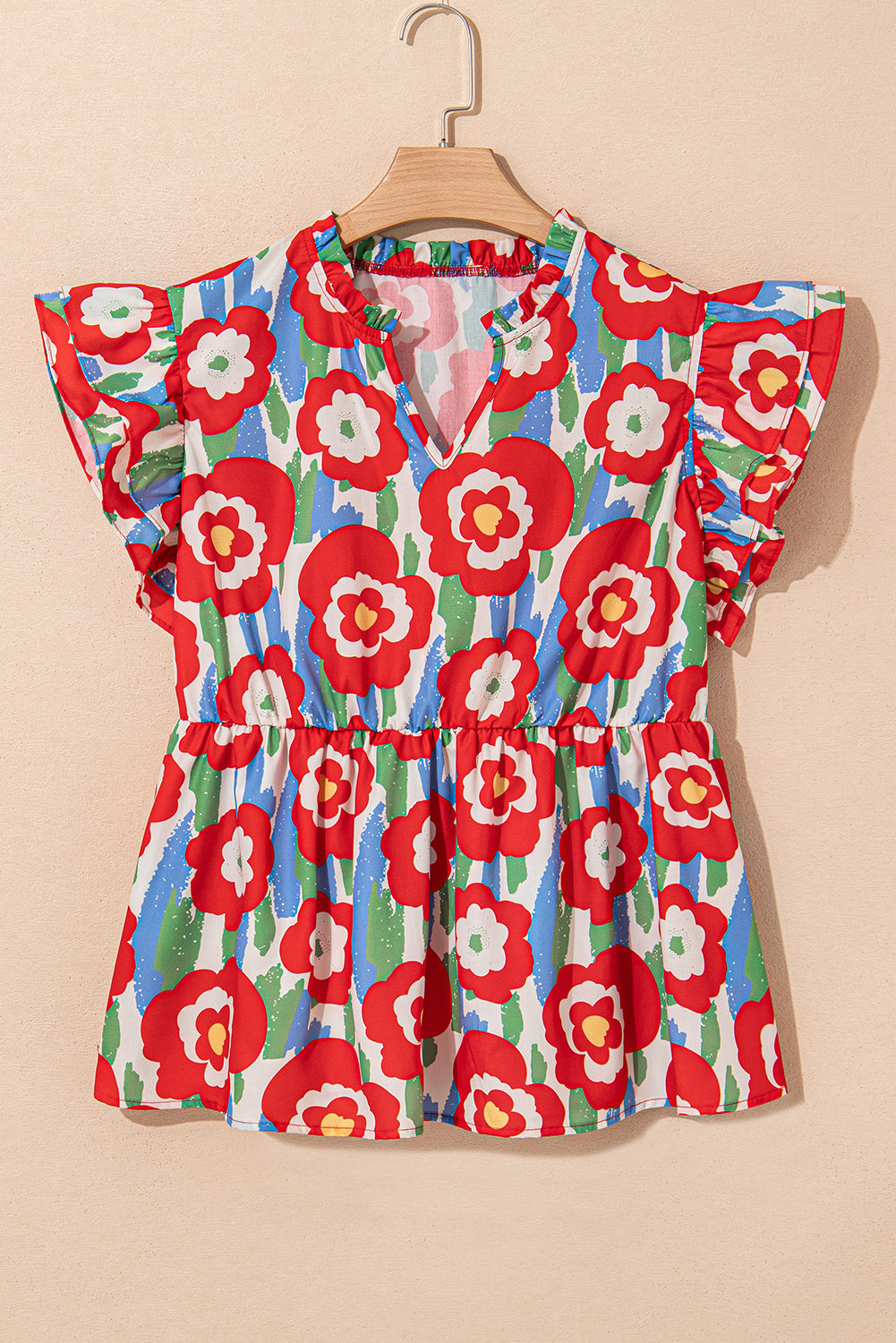 Red Plus Size Floral Print Ruffle Trim Split Neck Peplum Top-Plus Size/Plus Size Tops/Plus Size Blouses & Shirts-[Adult]-[Female]-2022 Online Blue Zone Planet