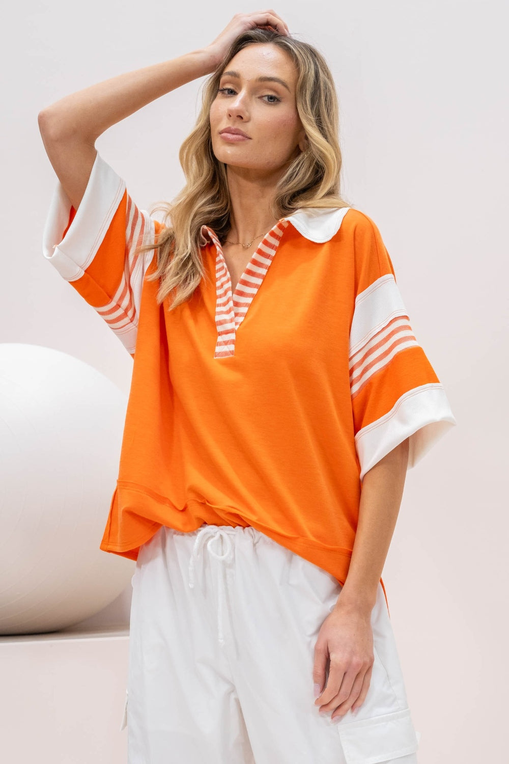 Hailey & Co Full Size Contrast Stripe Polo Shirt-TOPS / DRESSES-[Adult]-[Female]-Orange-S-2022 Online Blue Zone Planet