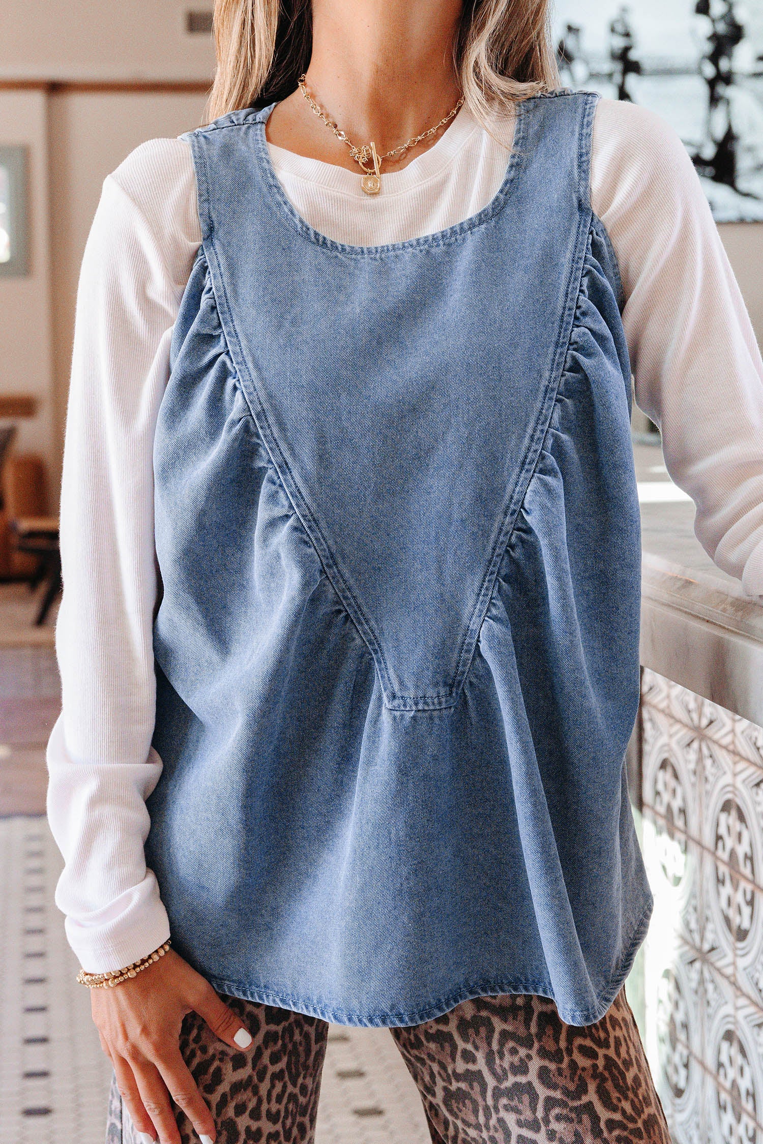 Myosotis Denim Pleated Patchwork Sleeveless Top-Tops/Tank Tops-[Adult]-[Female]-2022 Online Blue Zone Planet