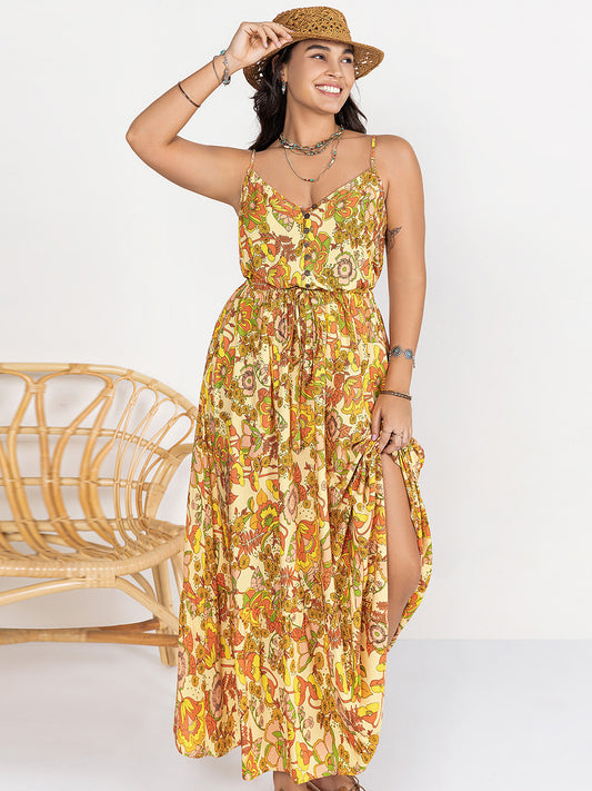 Plus Size Printed V-Neck Maxi Cami Dress-TOPS / DRESSES-[Adult]-[Female]-Gold-0XL-2022 Online Blue Zone Planet