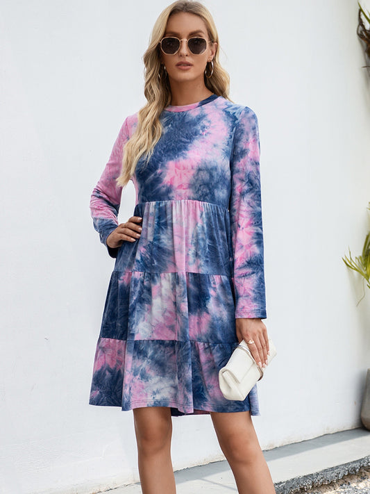 Blue Zone Planet |  Tie-Dye Round Neck Long Sleeve Tiered Dress BLUE ZONE PLANET