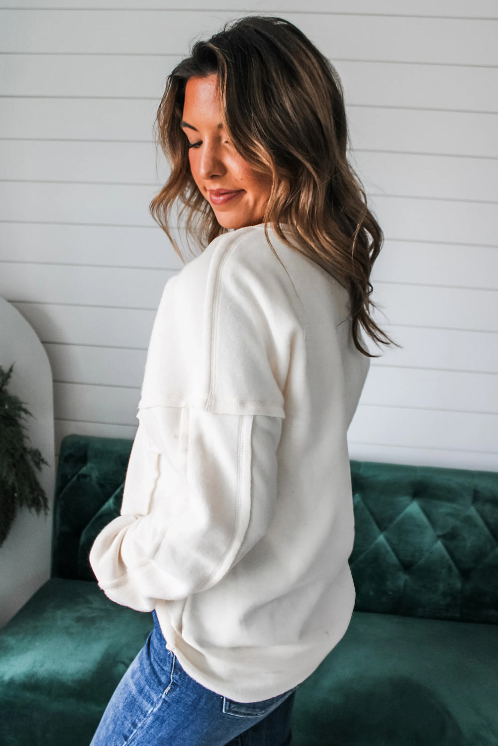 White Exposed Seam Chest Pocket Knit Pullover Sweatshirt-Tops/Sweatshirts & Hoodies-[Adult]-[Female]-2022 Online Blue Zone Planet