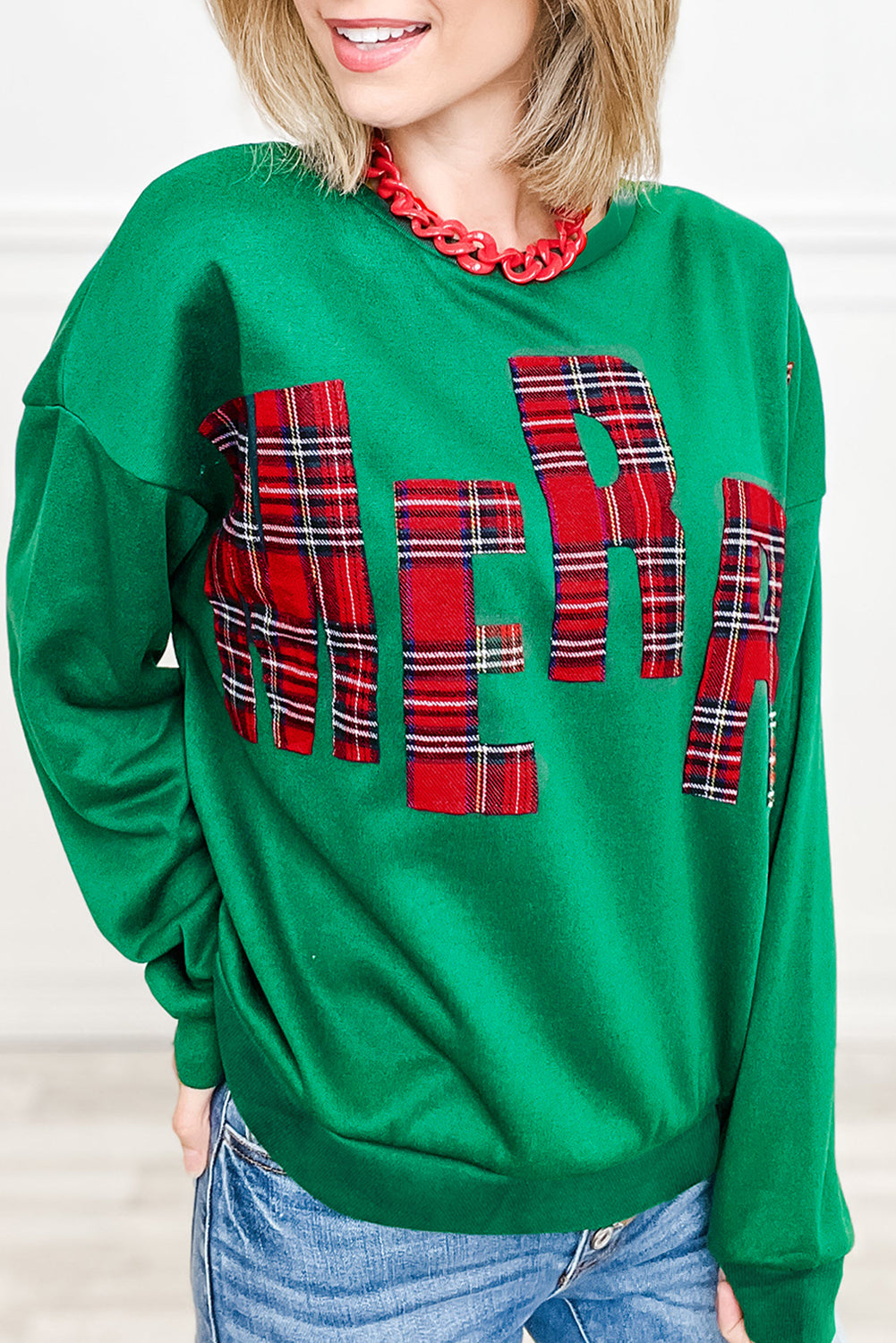 White Plaid MERRY Christmas Holiday Sweatshirt-Sweatshirts & Hoodies-[Adult]-[Female]-Sea Green-L-2022 Online Blue Zone Planet
