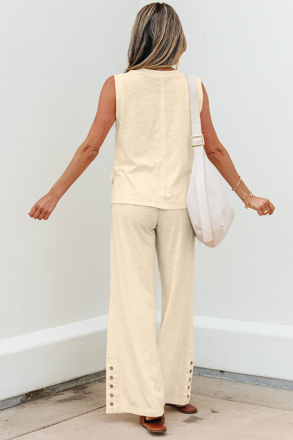 Beige Solid Color Tank Top and Smocked Waist Pants Set-Two Piece Sets/Pant Sets-[Adult]-[Female]-2022 Online Blue Zone Planet