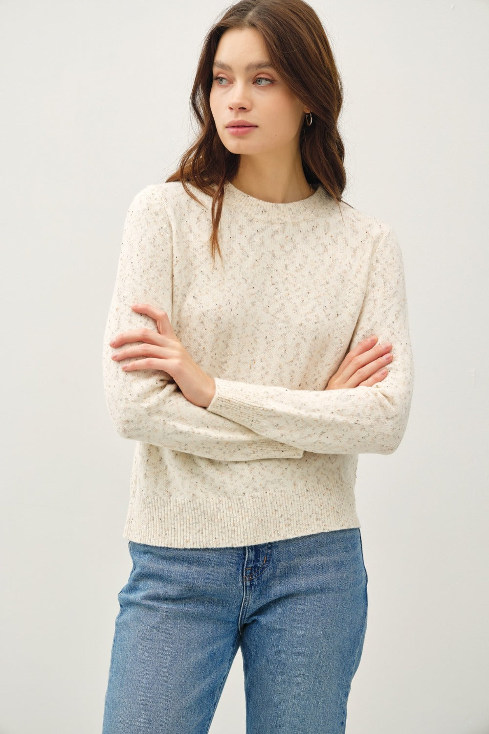 Be Cool Heathered Round Neck Long Sleeve Sweater-TOPS / DRESSES-[Adult]-[Female]-Cream-S-2022 Online Blue Zone Planet