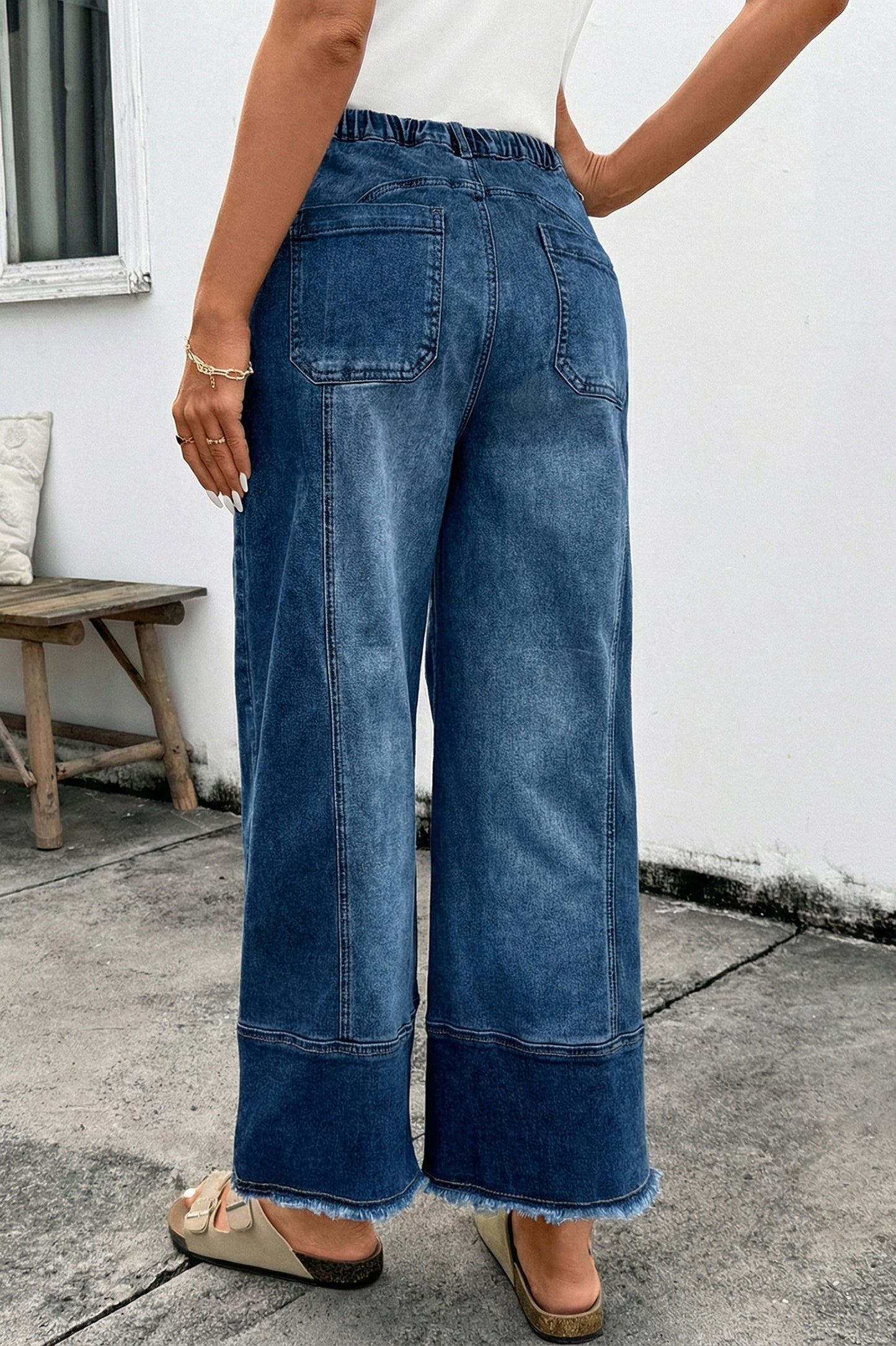 Prussian Blue Drawstring Seam Detail Raw Hem Wide Leg Denim Pants-Bottoms/Jeans-[Adult]-[Female]-2022 Online Blue Zone Planet