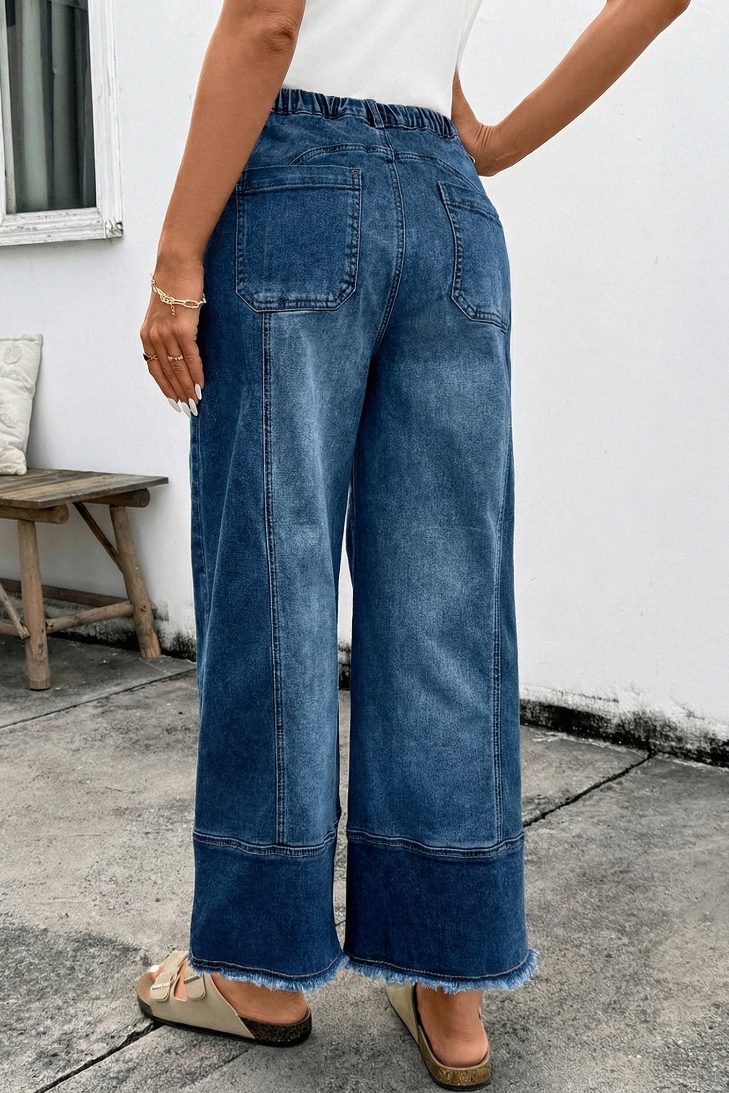 Prussian Blue Drawstring Seam Detail Raw Hem Wide Leg Denim Pants-Bottoms/Jeans-[Adult]-[Female]-2022 Online Blue Zone Planet