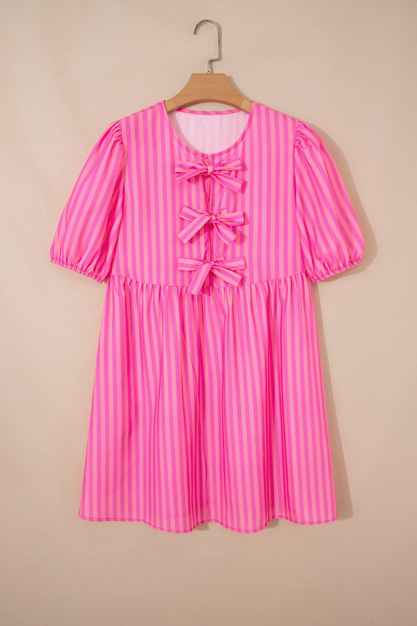 Rose Striped Print Bow Detail Short Puff Sleeve Mini Dress-TOPS / DRESSES-[Adult]-[Female]-2022 Online Blue Zone Planet