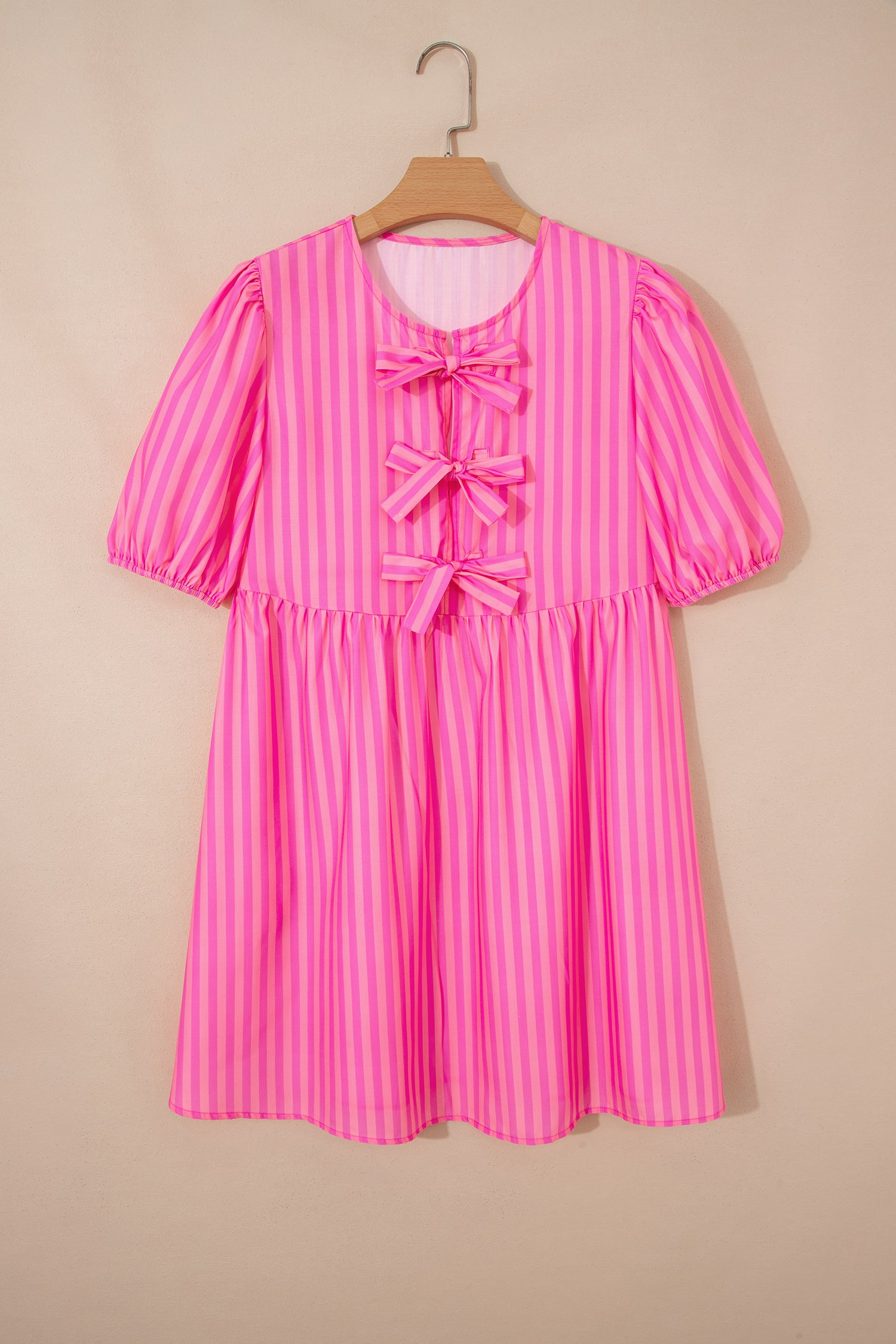 Rose Striped Print Bow Detail Short Puff Sleeve Mini Dress-TOPS / DRESSES-[Adult]-[Female]-2022 Online Blue Zone Planet