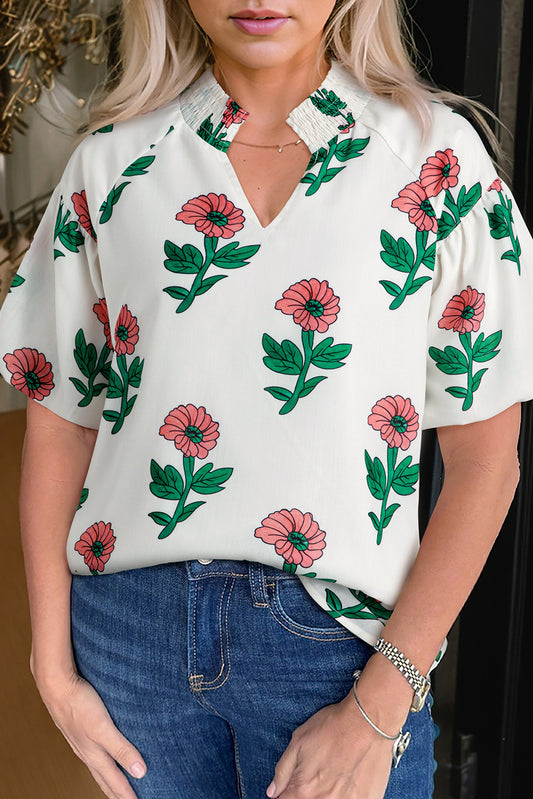 Beige Floral Print Shirred Split Neck Short Sleeve Blouse-Tops/Blouses & Shirts-[Adult]-[Female]-Beige-S-2022 Online Blue Zone Planet