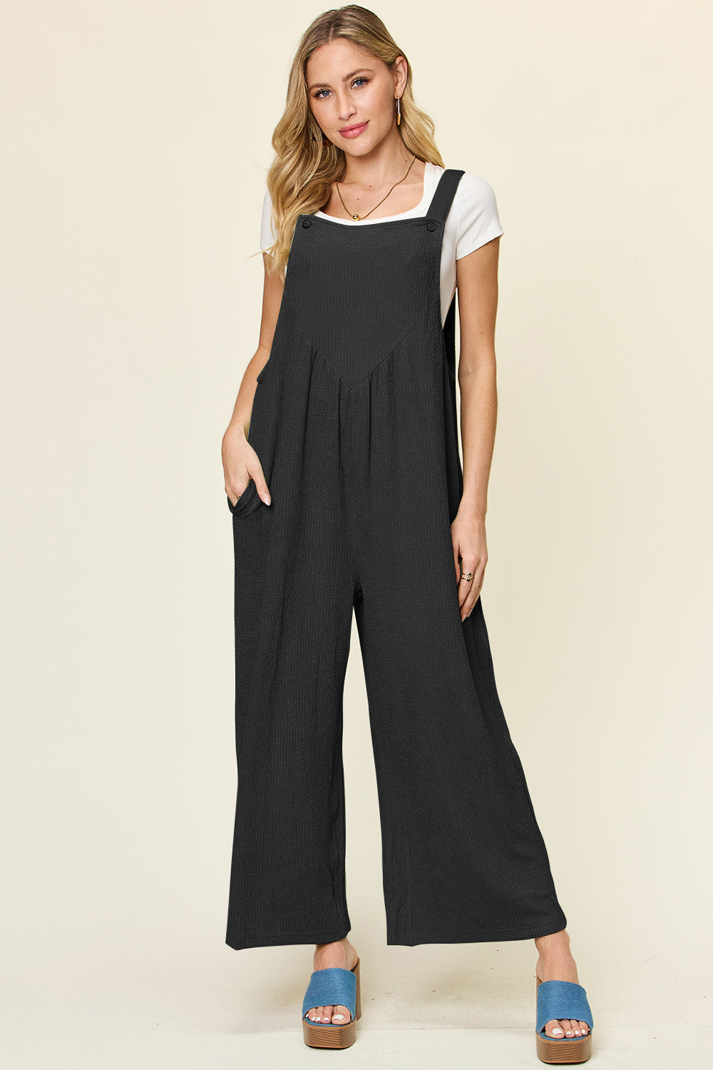 Blue Zone Planet | Double Take Full Size Texture Sleeveless Wide Leg Overall-TOPS / DRESSES-[Adult]-[Female]-Black-S-2022 Online Blue Zone Planet