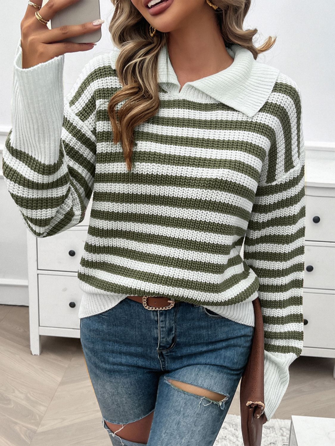 Striped Collared Neck Long Sleeve Sweater-TOPS / DRESSES-[Adult]-[Female]-2022 Online Blue Zone Planet