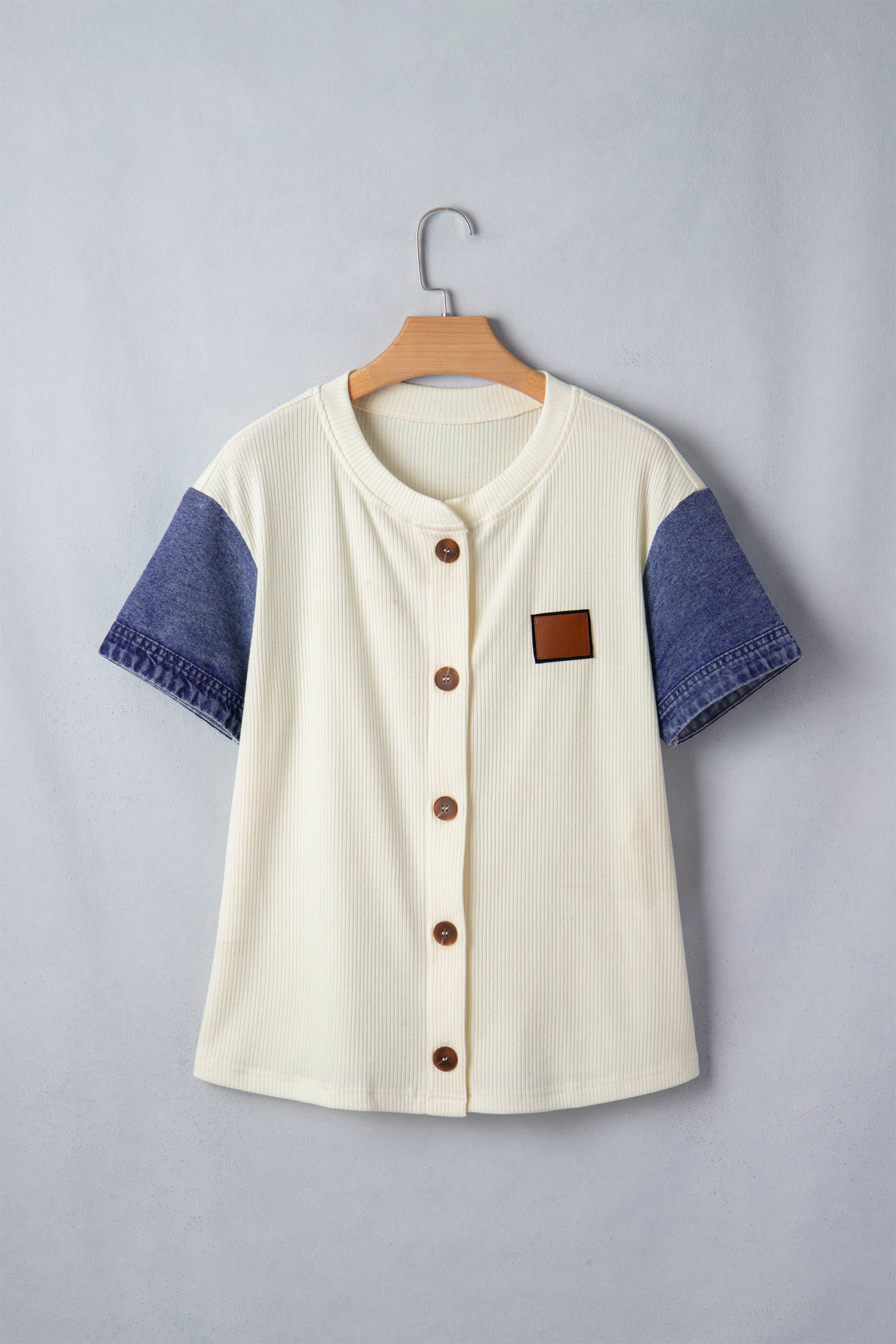 Beige Denim Patchwork Short Sleeve Ribbed Shirt-Tops/Blouses & Shirts-[Adult]-[Female]-2022 Online Blue Zone Planet