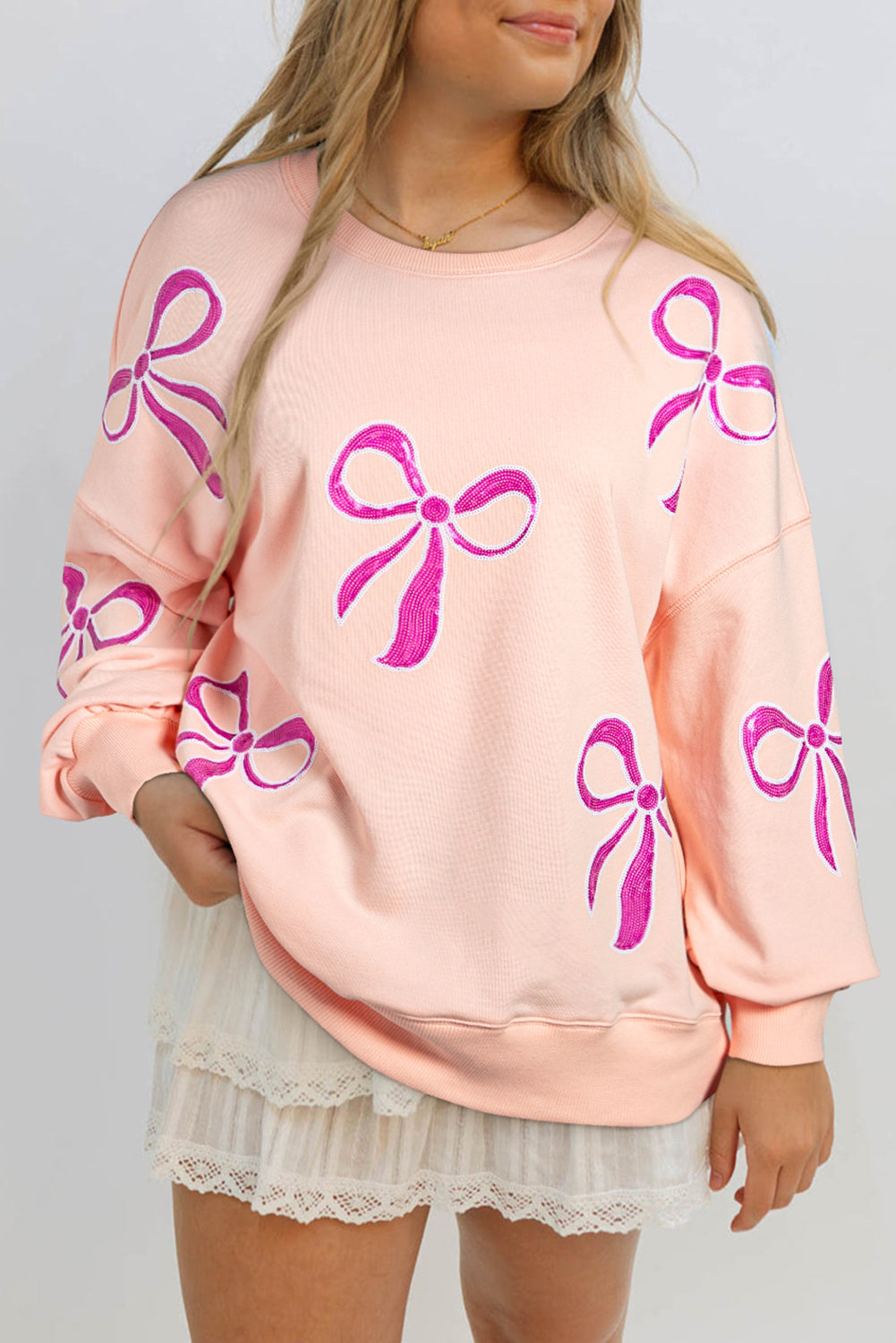 Apricot Pink Sequined Bowknot Drop Shoulder Oversized Sweatshirt-Tops/Sweatshirts & Hoodies-[Adult]-[Female]-Apricot Pink-S-2022 Online Blue Zone Planet