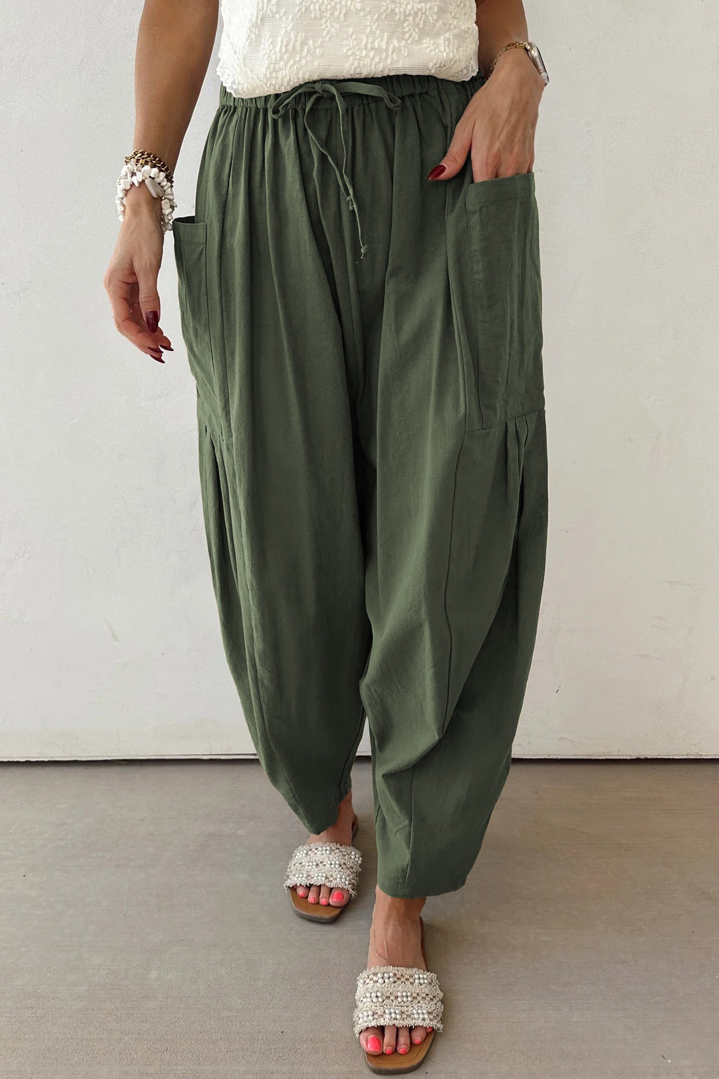Jungle Green Drawstring Elastic Waist Patch Pocket Barrel Leg Casual Pants-Bottoms/Pants & Culotte-[Adult]-[Female]-Jungle Green-S-2022 Online Blue Zone Planet