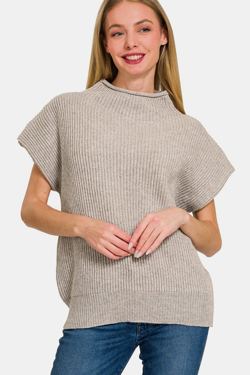 Zenana Short Sleeve Mock Neck Sweater-TOPS / DRESSES-[Adult]-[Female]-H Mocha-S-2022 Online Blue Zone Planet