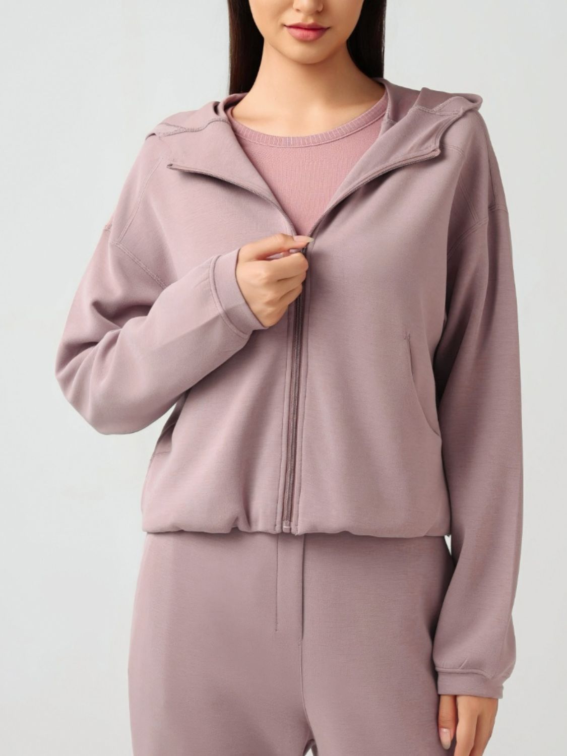 Zip Up Dropped Shouder Active Hooded-TOPS / DRESSES-[Adult]-[Female]-2022 Online Blue Zone Planet