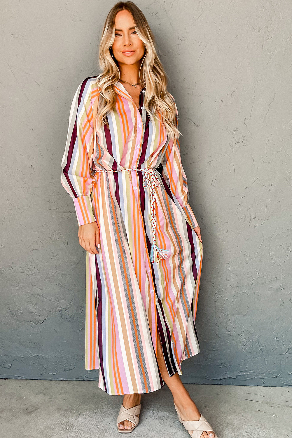 White Colorful Striped Cuffed Sleeve Tassel Tie Maxi Dress-Maxi Dresses-[Adult]-[Female]-2022 Online Blue Zone Planet