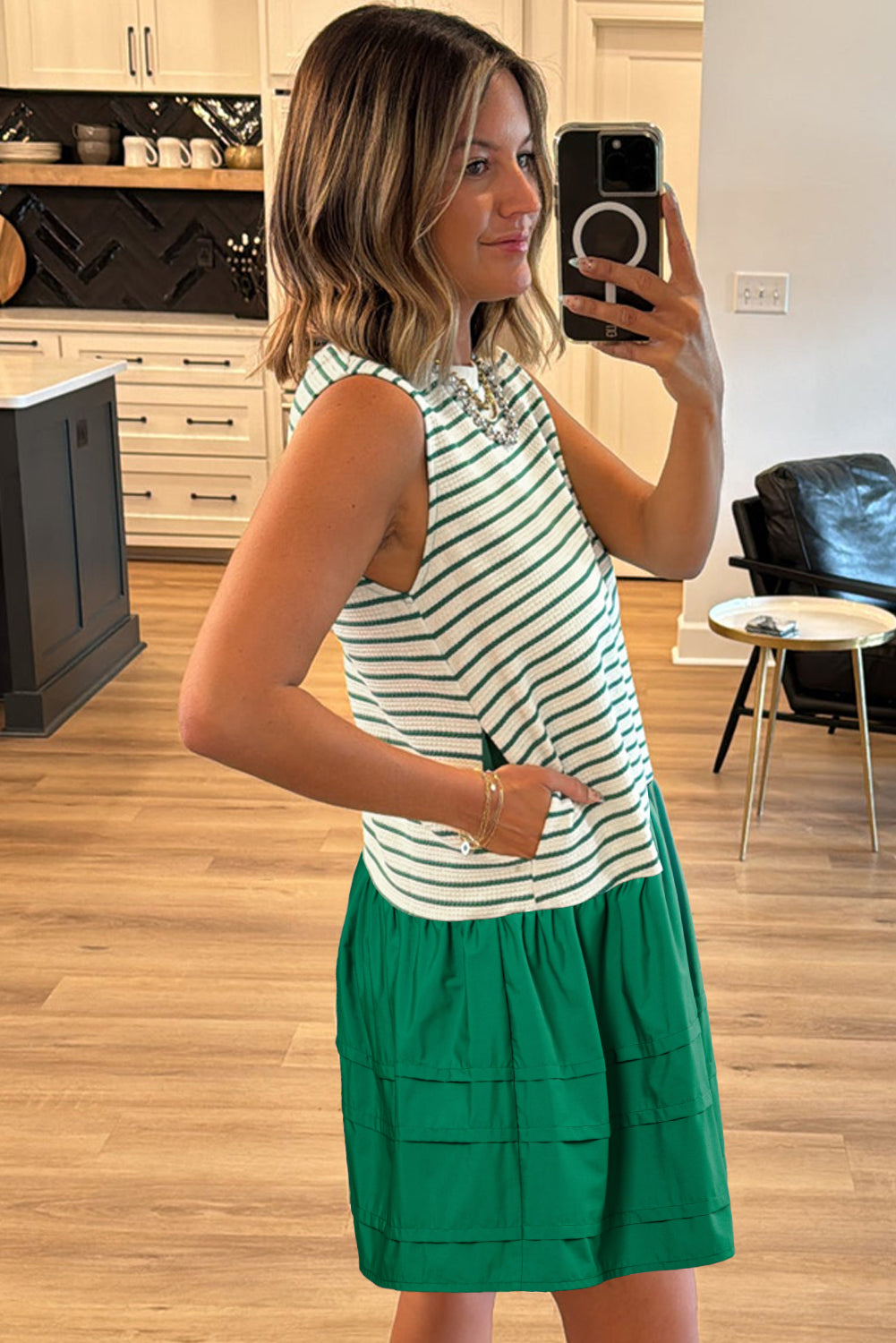 Green Stripe Woven Ruffled Sleeveless Mini Dress-Short Dresses-[Adult]-[Female]-2022 Online Blue Zone Planet