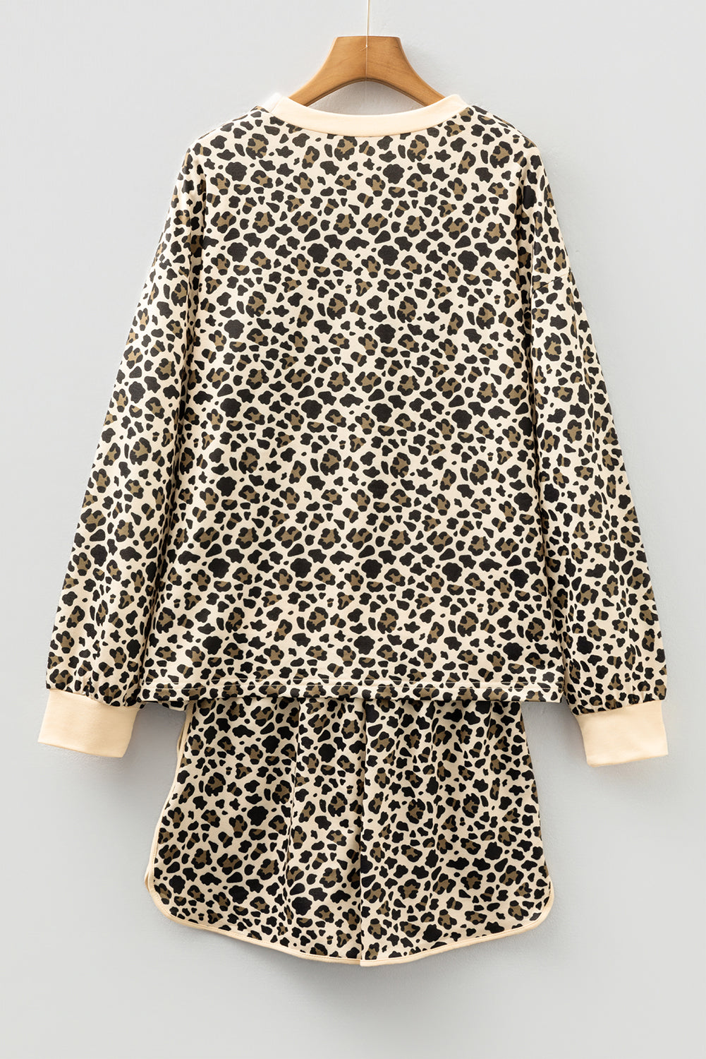 Brown Leopard Print Contrast Trim Long Sleeve Pullover Drawstring Shorts 2pcs Outfit-Two Piece Sets/Short Sets-[Adult]-[Female]-2022 Online Blue Zone Planet