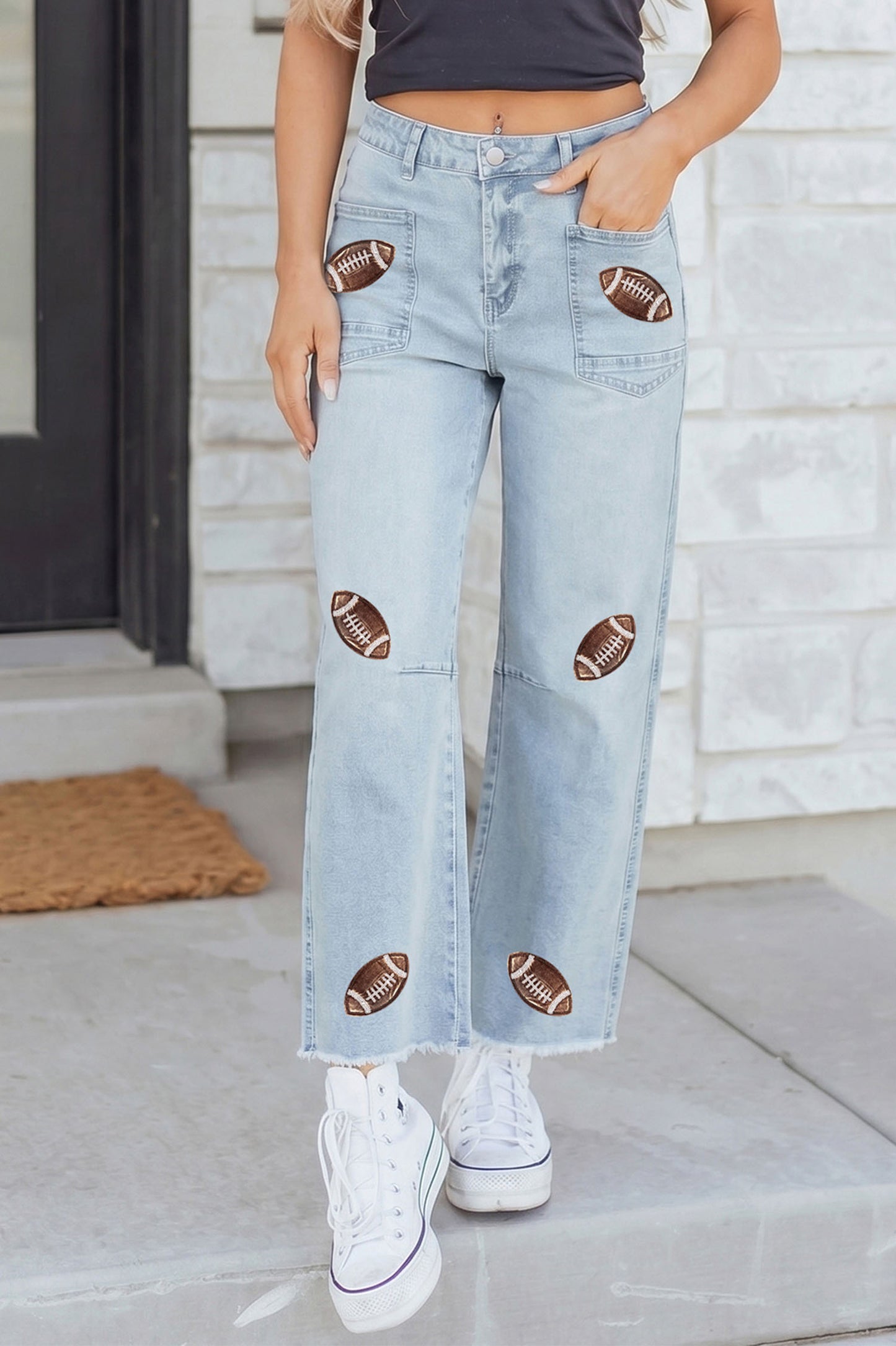 Beau Blue Sequin Detail Patched Rugby Pattern Raw Hem Shift Jeans-Graphic/Graphic Pants-[Adult]-[Female]-2022 Online Blue Zone Planet