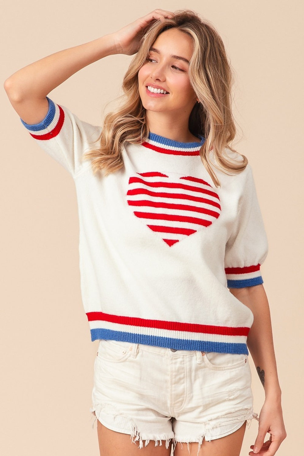 BiBi US Flag Theme Striped Heart Sweater-TOPS / DRESSES-[Adult]-[Female]-2022 Online Blue Zone Planet