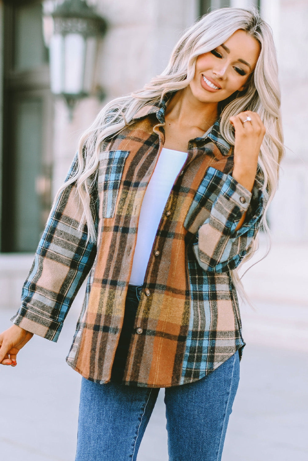 Brown Plaid Color Block Buttoned Shirt with Pockets-Tops/Blouses & Shirts-[Adult]-[Female]-2022 Online Blue Zone Planet