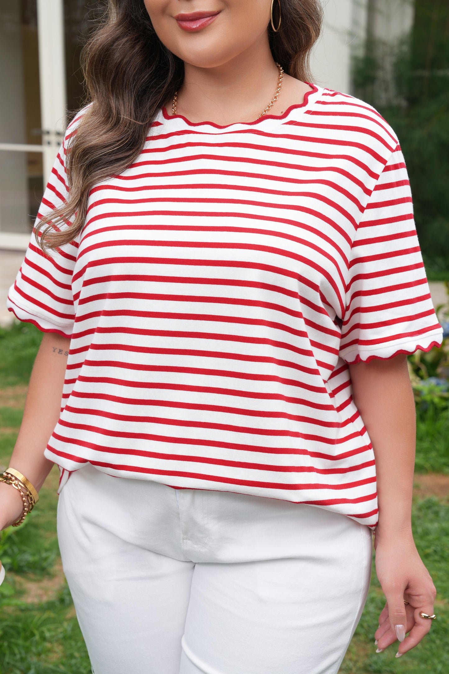 Red Stripe Plus Size Scalloped Trim Round Neck Short Sleeve Top-Plus Size/Plus Size Tops/Plus Size Tops & Tees-[Adult]-[Female]-2022 Online Blue Zone Planet