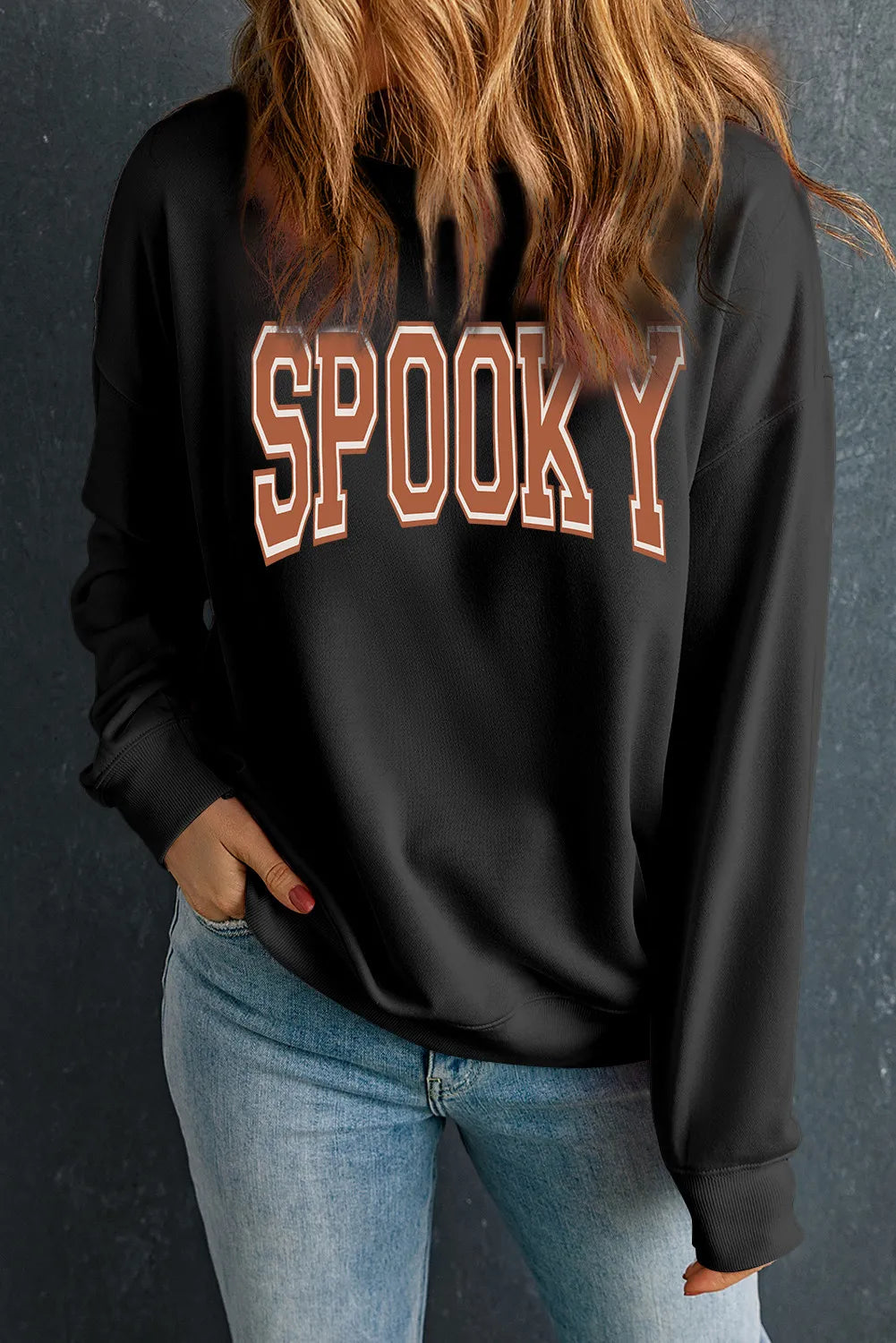 SPOOKY Round Neck Long Sleeve Sweatshirt-TOPS / DRESSES-[Adult]-[Female]-2022 Online Blue Zone Planet