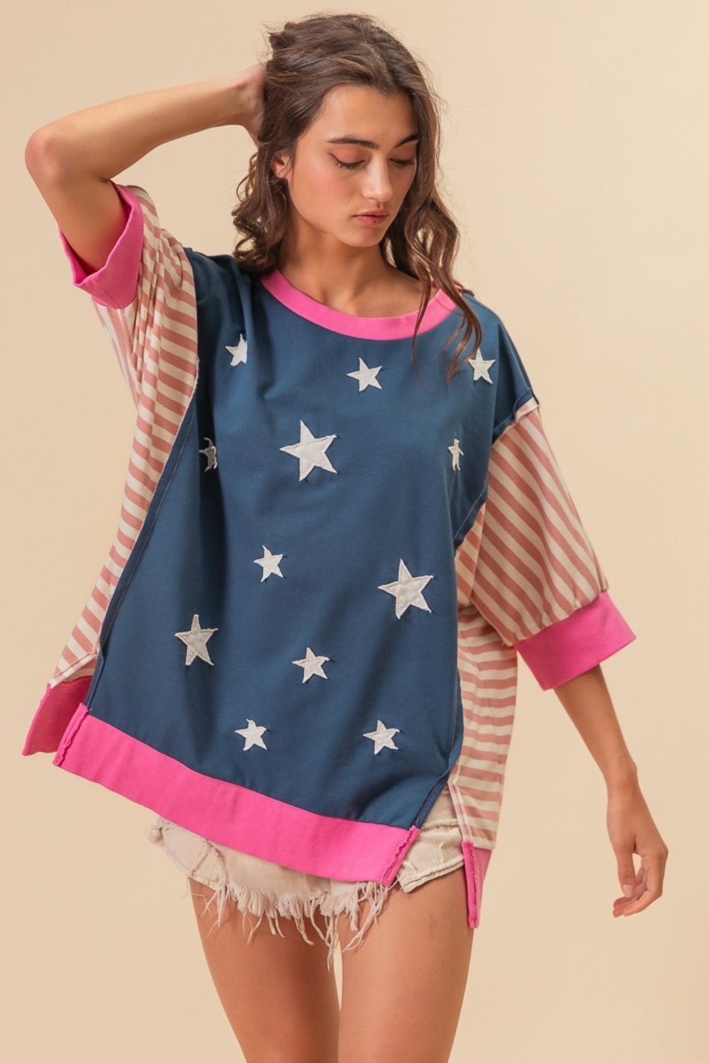 BiBi US Flag Theme Color Block Star Patch T-Shirt-TOPS / DRESSES-[Adult]-[Female]-2022 Online Blue Zone Planet