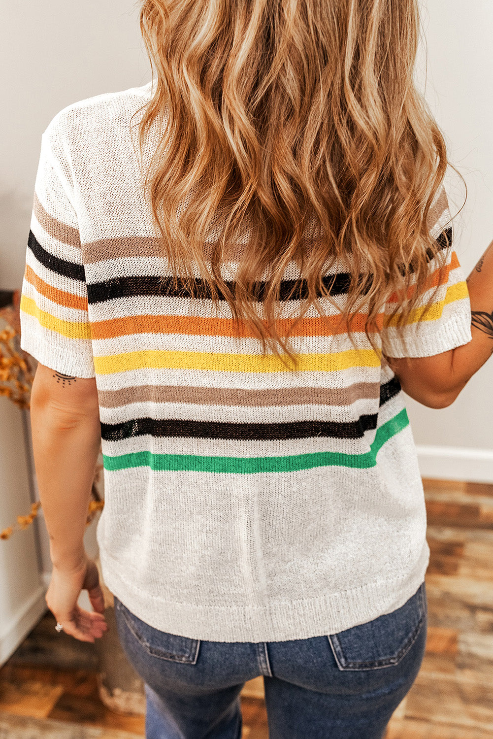 White Striped Pocketed Loose Fit Crewneck Knitted T Shirt-Sweaters & Cardigans/Short Sleeve Sweaters-[Adult]-[Female]-2022 Online Blue Zone Planet