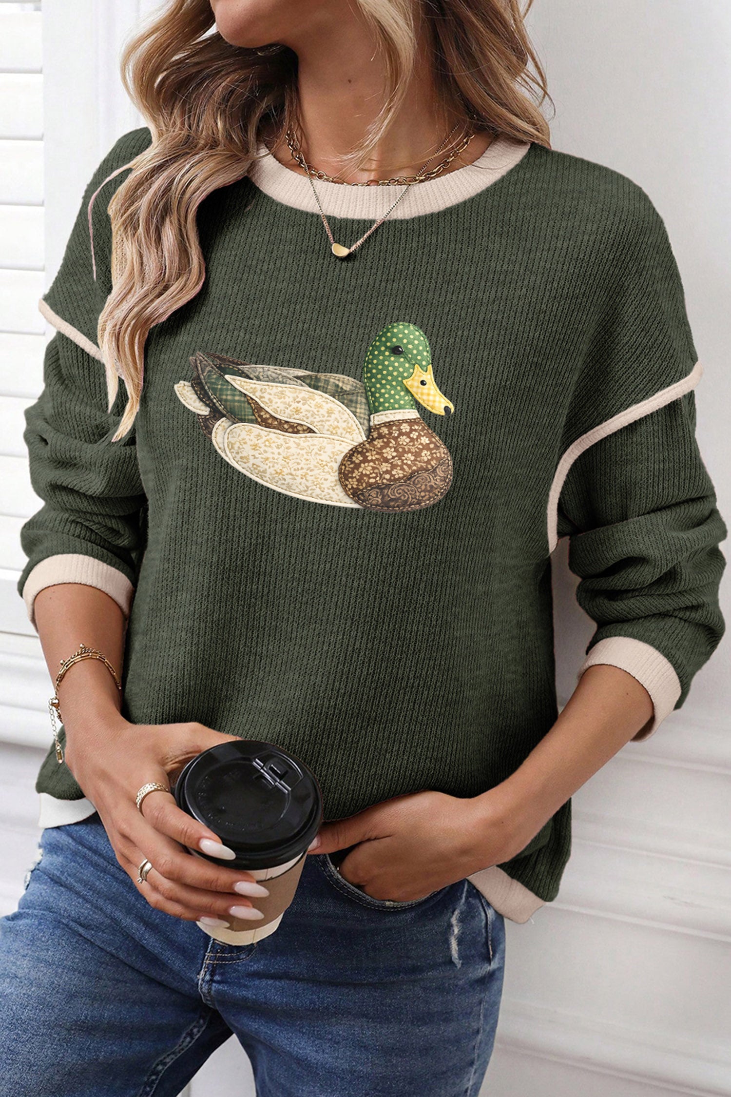 Four Leaf Clover Mallard Duck Graphic Contrast Trim Patchwork Casual Knit Top-Graphic/Graphic Long Sleeve Tees-[Adult]-[Female]-2022 Online Blue Zone Planet