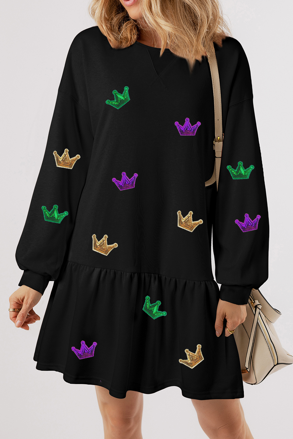 Black Mardi Gras Crown Patched Long Sleeve Ruffle Hem Dress-Graphic Apparel-[Adult]-[Female]-Black-XS-2022 Online Blue Zone Planet