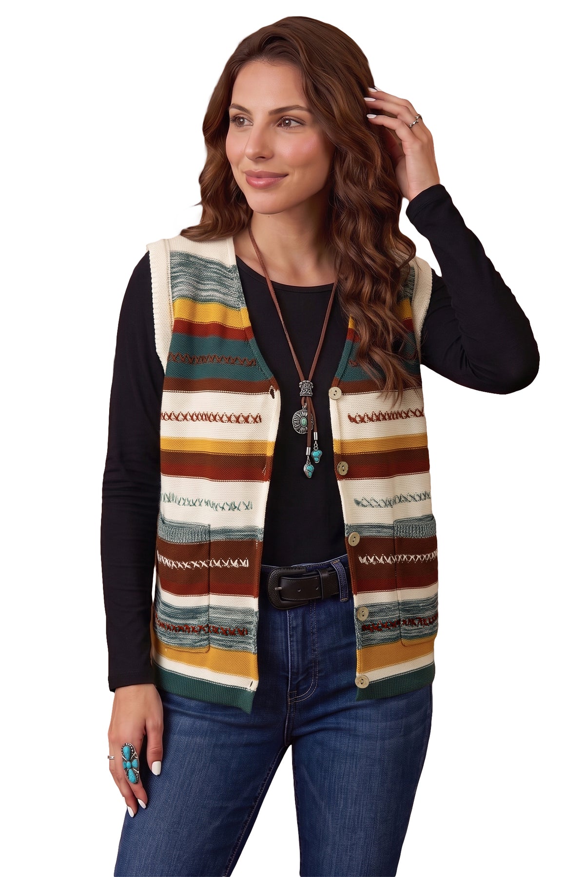 Multicolour Striped Button Front Sleeveless Knit Regular Fit Sweater Vest-Sweaters & Cardigans/Sweater Vests-[Adult]-[Female]-2022 Online Blue Zone Planet