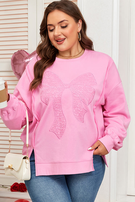 Pink Big Bow Lace Embroidered Dolman Sleeve Slit Plus Size Sweatshirt-Plus Size/Plus Size Sweatshirts & Hoodies-[Adult]-[Female]-Pink-1X-2022 Online Blue Zone Planet